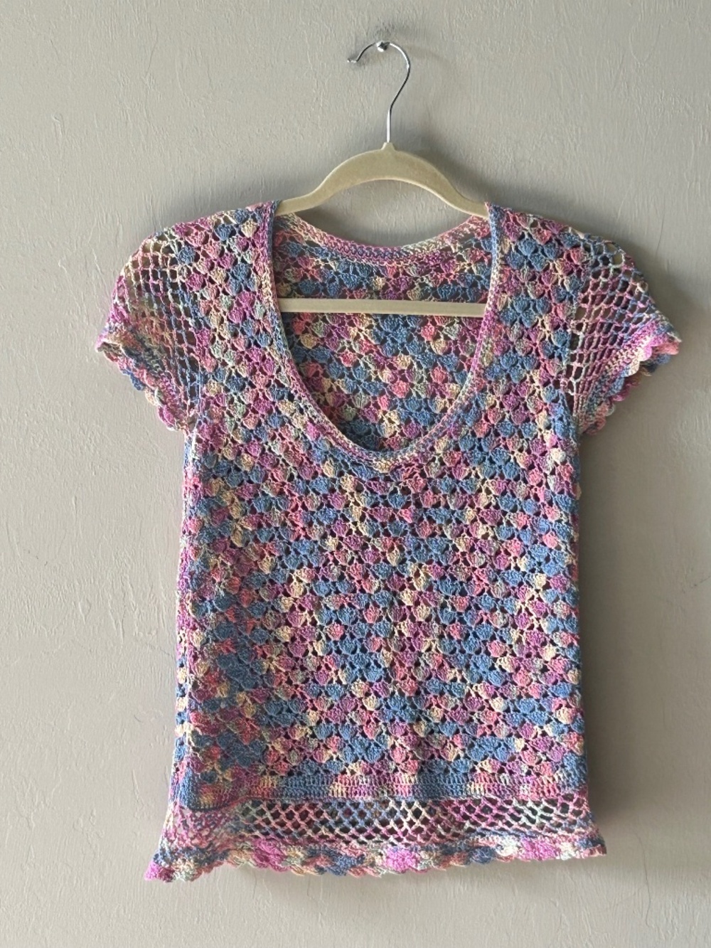 Vintage Handmade Crochet Top Pastel Rainbow Shell Stitch Fairycore Festival S-M
